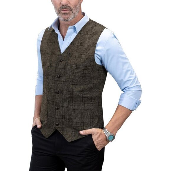 Mens Vintage Suit Vest Plaid Tweed Regular Fit Waistcoat for Wedding Groomsmen